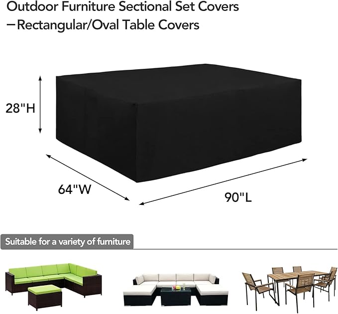 Easy-Going 600D Heavy Duty Patio Furniture Cover, Outdoor Rectangular Table and Chair Set Cover, Waterproof Outdoor Sectional Set Cover (90" L x 64" W x 28" H, Black)