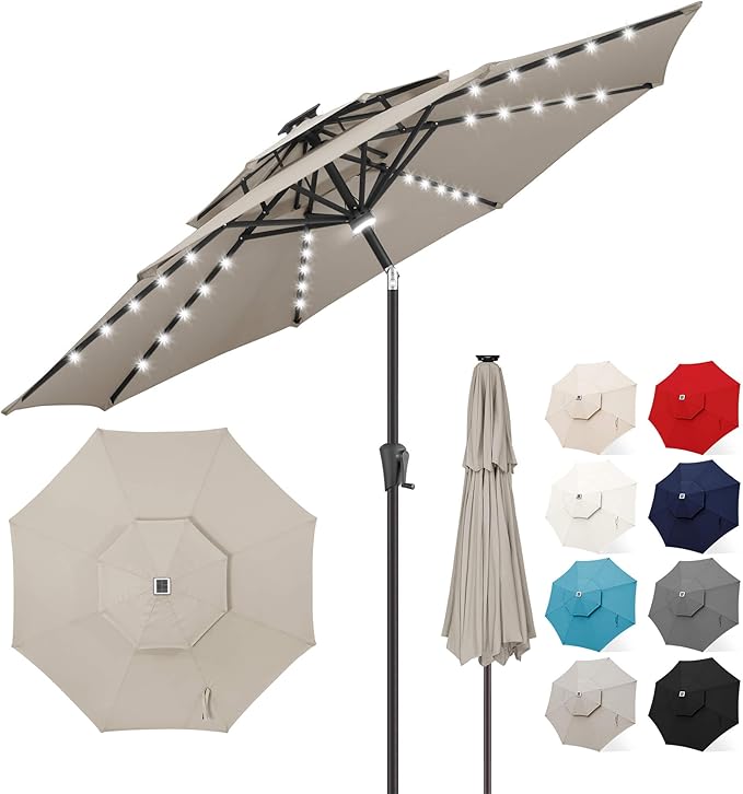 FLAME&SHADE 2 Tiers 9ft Solar Light Patio Umbrella, 40 LED lights outdoor umbrella with Centre Surround Light, Table Market Umbrella for Deck, Pool, Porch, Backyard, Garden (Taupe)