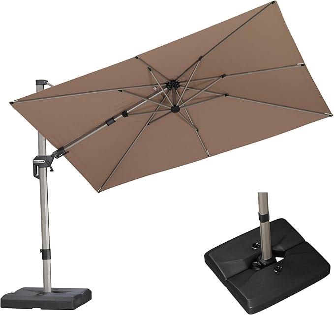 PURPLE LEAF 10' X 6.5' Left-right Tilting Patio Umbrella with Base Outdoor Swivel Cantilever Offset Aluminum Umbrella with Champagne Frame and 360-degree Rotation for Garden Deck Pool, Taupe