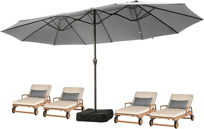 15FT Large Patio Umbrellas with Base Included, Outdoor Double-Sided Rectangle Big Market Umbrella with Stand, Outside Umbrellas for Poolside Lawn Backyard,Light Gray