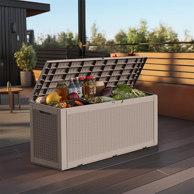 PatioZen 100 Gallon Resin Deck Box Outdoor Storage Box with Lockable Lid, Waterproof for Patio Cushions, Gardening Tools & Sports Equipment