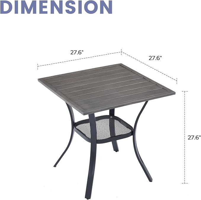 VICLLAX Small Patio Dining Table, 28"x 28" Metal Slatted Tabletop with Storage Shelf for Deck Lawn Garden Backyard, No Umbrella Hole, Antique Grey Tabletop