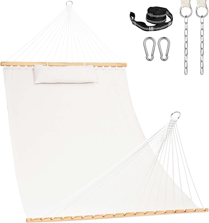 Lazy Daze Hammocks 12 FT Sunbrella Fabric Hammock not Fading with Spreader Bars and Free Pillow Fits for 2 Persons, All Weather and Fade Resistant for Patio Yard, 450 lbs Capacity, Cast Pumice