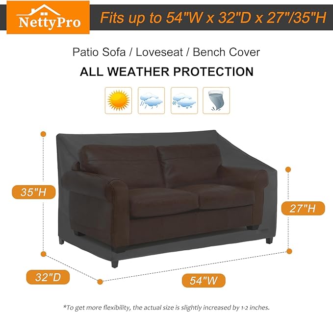 NettyPro Patio Loveseat Sofa Cover Waterproof Heavy Duty Outdoor Couch Furniture 2 Seater Cover, 54" Wx 32" Dx 35" H, Black