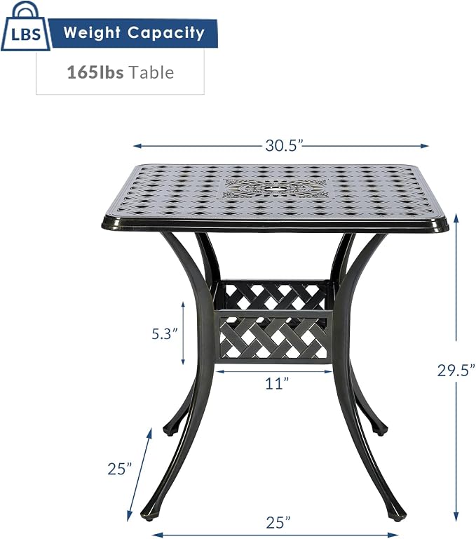 30.5" Inch Outdoor Dining Table Square Patio Bistro Table Bronze Cast Aluminum Rustic Large Table with Umbrella Hole