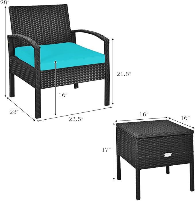 Tangkula 3 Pieces Patio Wicker Conversation Set, Outdoor Rattan Furniture with Washable Thick Cushion & Coffee Table w/Storage Space, Patio Furniture Set for Backyard Porch Garden Poolside (Turquoise)