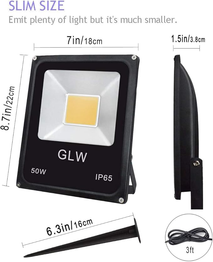 50W LED Landscape Lights 12-24V DC Warm White Flood Lights Low Voltage Landscape Lighting IP65 Waterproof Security Light for Walls Trees Flags Outdoor Spotlights with Spike Stand(2 Pack)