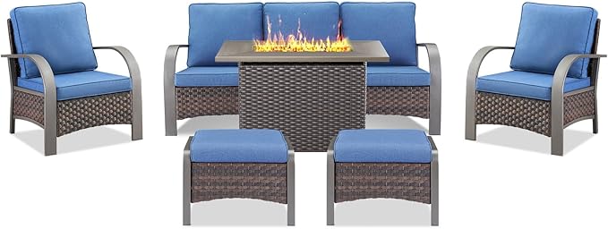 Belord 6 Pieces Patio Furniture Set with Fire Pit Table - 50000 BTU Propane Fire Pit, 2 Single Leisure Chairs, High Back Wicker Rattan Couch, Outdoor Conversation Set for Casual Gathering