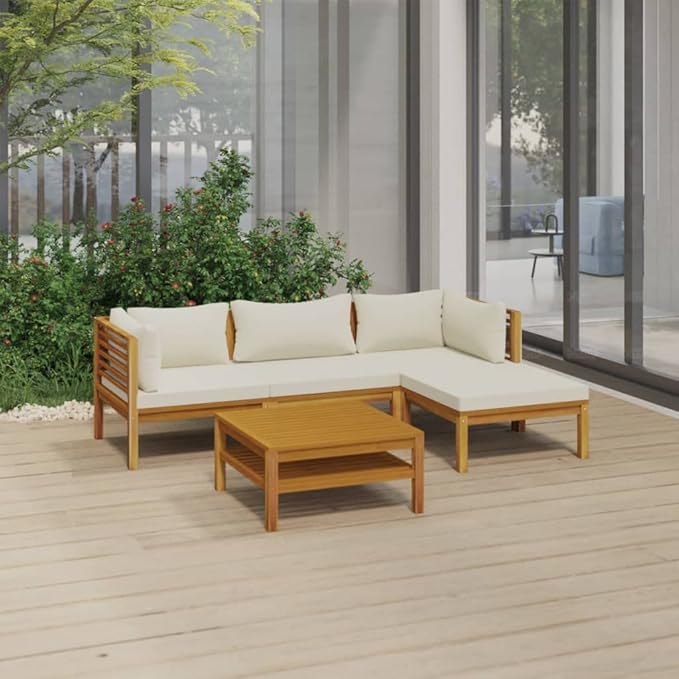Patio Lounge Set with Cream Cushion,Patio Furniture Sets,Patio Conversation Sets,Outdoor Furniture Sets,for Garden,Backyard,Outdoor,5 Piece Solid Acacia Wood