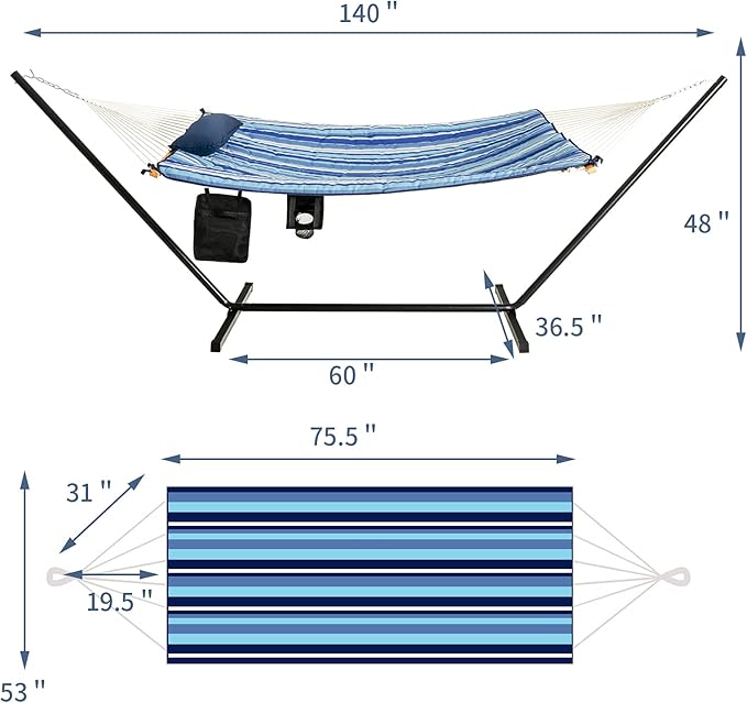 Giantex 12Ft Hammock with Stand, 2 Person Heavy-Duty Steel Hammock Stand, 450 lbs Capacity, Double Hammock Bed with Cotton Mat, Pillow, Cup Holder and Bag (Blue and Beige Striped)