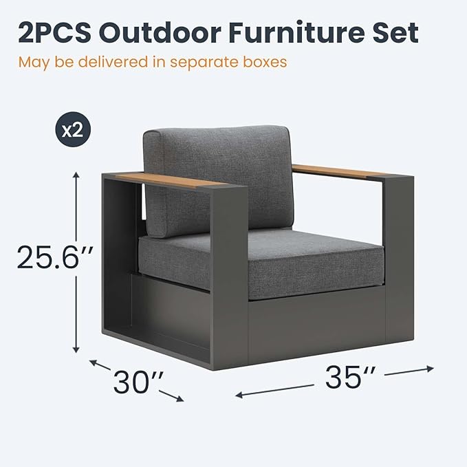 Aluminum Patio Furniture Set, 2 Seats Luxury Seating Furniture, All Weather Outdoor Conversation Sets with 6" Thickened Cushions
