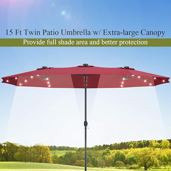 Tangkula 15 Ft Solar Patio Umbrella with Base, Extra Large Outdoor Double-Sided Twin Umbrella with 36 LED Lights & Crank Handle for Garden, Deck, Poolside, Patio (Burgundy)