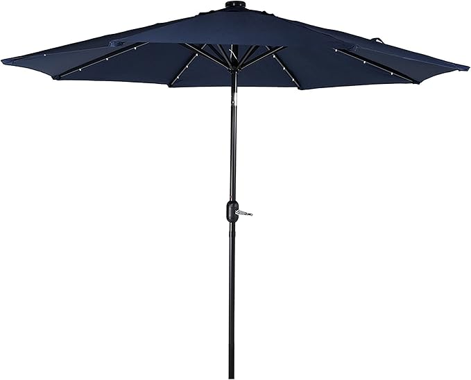 Sunnydaze 9 ft Outdoor Patio Umbrella with Solar Lights - Polyester LED Table Market Umbrella with Push-Button Tilt and Crank - Navy Blue