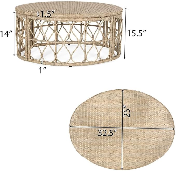 Outdoor Wicker Coffee Table, Circular Rattan Patio Table with Boho Design, PE Woven Outdoor Center Table for Backyard Patio Porch Deck, Durable All-Weather Frame, 32.5" Wide