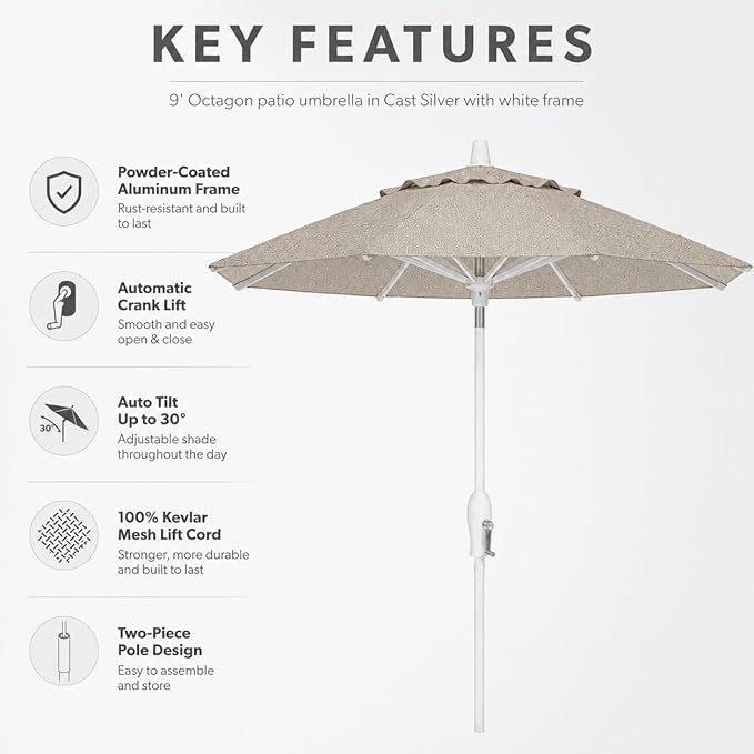 Treasure Garden 9ft Patio Umbrella - Outdoor Furniture Market Umbrella – Deluxe Auto-Tilt – White Aluminum Frame (Sunbrella, Cast Silver)