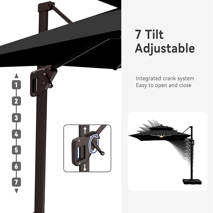 10' X 13' Cantilever Patio Umbrella with Led Lights Double Top Rectangular Outdoor Large Offset Umbrellas with 7 Tilts Adjustable 360°Rotation for Deck Pool Garden Backyard, Black