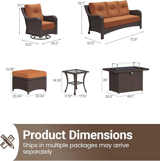 10 Pieces Outdoor Furniture Set with 6-inch Cushions, High Back Wicker Swivel Rocker Chairs with Fire Pit Table, Luxury Conversation Set for Deck Patio and Poolside