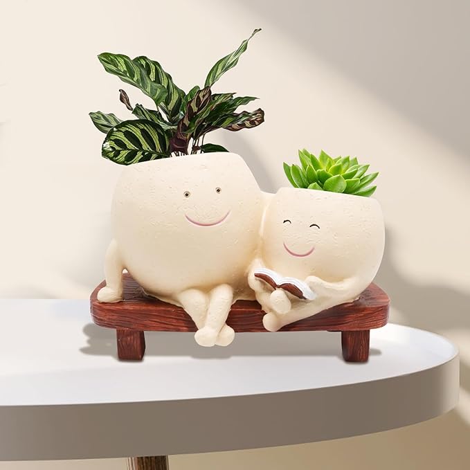 Smily Face Planter Pot for Plants, Cute Double Head Planters for Indoor Outdoor Plants, Modern Lady Head Vase Girl Face Planter, Unique Succulent Pots with Drainage Hole (Khaki)