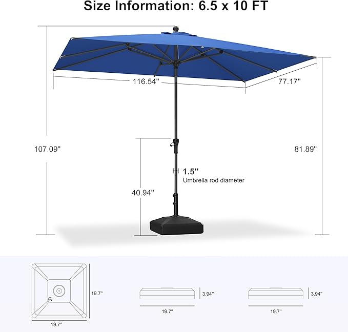 PURPLE LEAF 10' x 6.5' Rectangle Patio Market Umbrella with Base Outdoor Table Umbrellas Aluminum Frame Sun Shade with 8 Sturdy Ribs Tilt for Garden Deck Lawn Pool Sky Blue