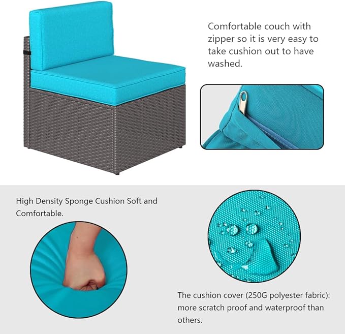 FIZZEEY 7 PCs Outdoor Patio Furniture PE Wicker Rattan Sectional Conversation Sofa Set, Turquoise