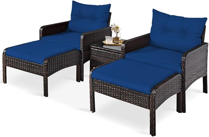 HAPPYGRILL 5 Pieces Patio Furniture Set Outdoor Rattan Wicker Conversation Set with Coffee Table Cushioned Sofas and Ottoman Chat Set for Garden Backyard