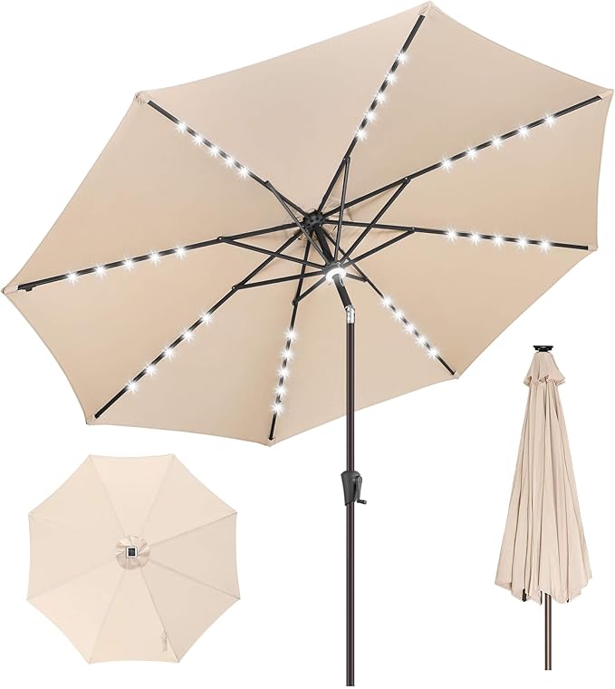 11FT Solar Umbrella Outdoor - Lighted Solar Patio Umbrella with 40 LED Lights Waterproof UV Protection, Table Umbrella with Tilt for Pool, Porch, Garden, Deck, Backyard - Beige