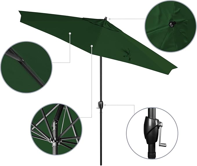California Umbrella 12-Year Protection 9' Rd Aluminum Patio Umbrella, Crank Lift, Auto Tilt, Black Finish, Sunbrella Forest Green