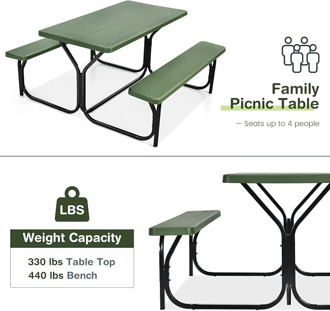 HAPPYGRILL Picnic Table Set Outdoor Patio Table Bench Set with Steel Frame & Plastic Table Top for Garden Lawn Backyard
