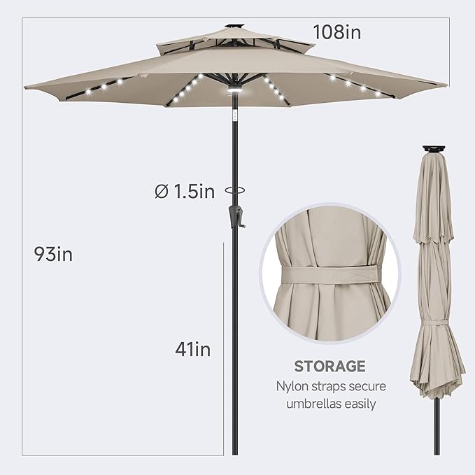 FLAME&SHADE 2 Tiers 9ft Solar Light Patio Umbrella, 40 LED lights outdoor umbrella with Centre Surround Light, Table Market Umbrella for Deck, Pool, Porch, Backyard, Garden (Taupe)