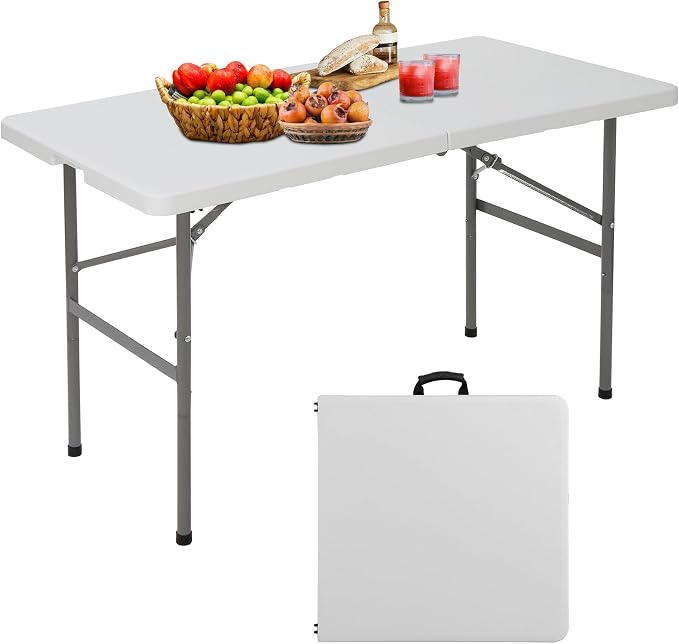 JupiterForce 4ft Folding Table, Indoor Outdoor Portable Plastic Picnic Table, Heavy Duty Rectangular Party Camping Dining Table with Carrying Handle, White