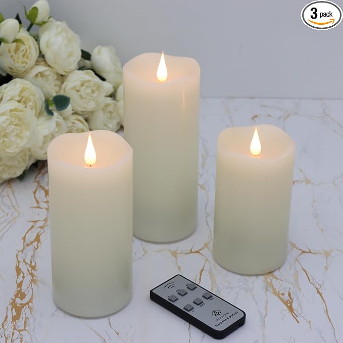 TECHLONG 3 Pack Flickering Flameless Candles Battery Operated with Timer, 3D Moving Flame Last 1000+ Hours, Ivory Real Wax Electric LED Pillar Candle for Wedding Christmas Decorations