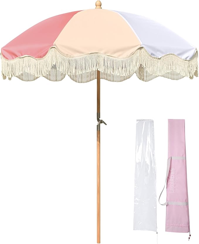 LAGarden Fringe Patio Umbrella with Carry Bag & Cover Vintage Wood for Event Outdoor Garden Yard Wedding Bistro Table