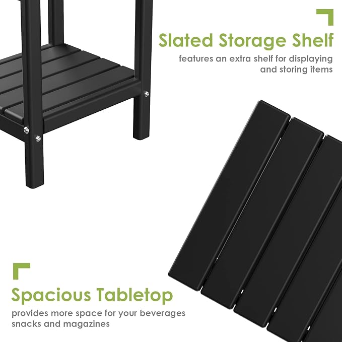 GREENVINES Adirondack-Outdoor-Side-Table | Set of 2 | 14 x 13 Inches | HDPE Plastic | All Weather | Black | Outside End Tables | Storage Shelf | for Patio Porch Backyard Indoor