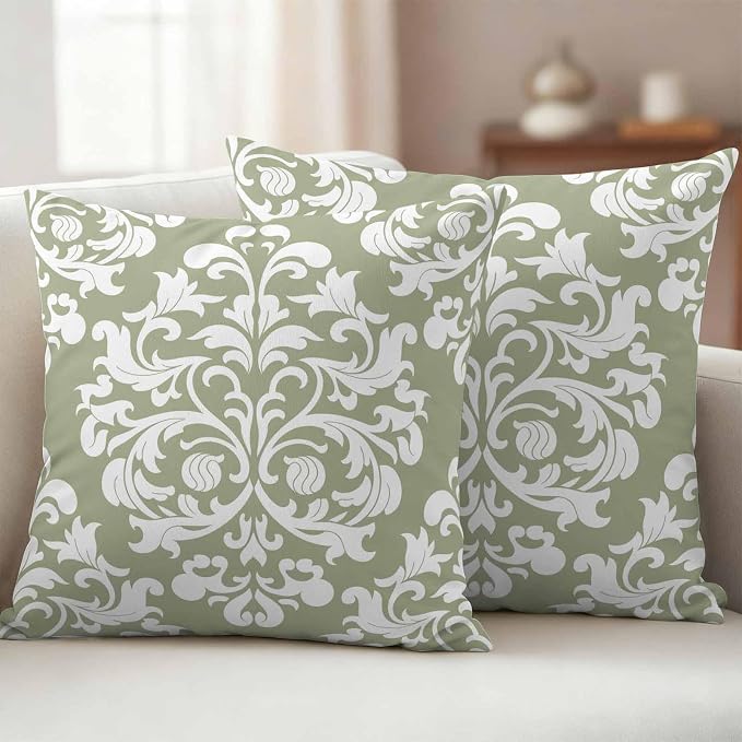 Outdoor Pillow Covers Set of 2, Luxury Flower Sage Green Decorative Throw Pillow Covers 16X16IN, Abstract Floral Throw Pillows Protector Cushion Case for Patio,Couch,Sofa,Garden