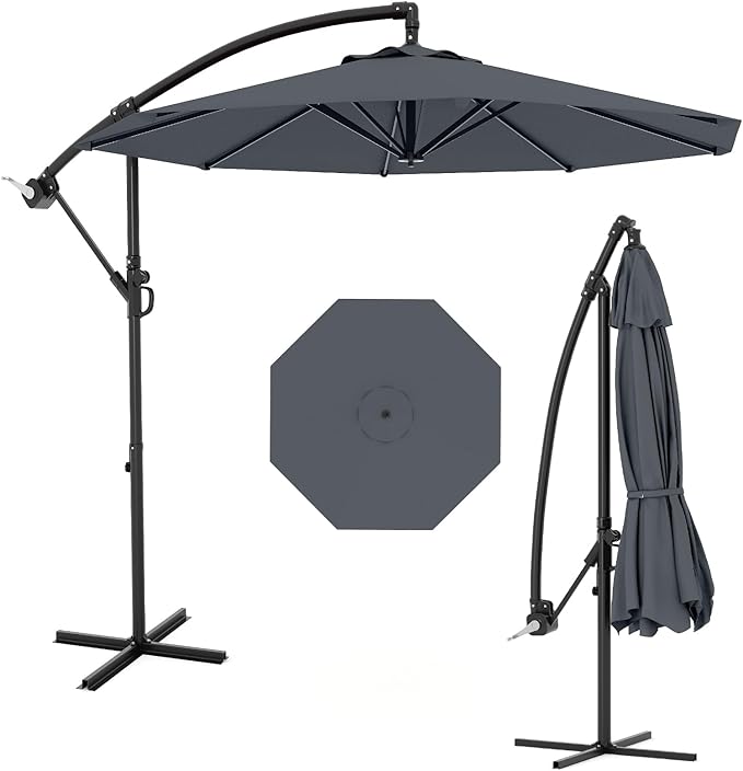 IDEALHOUSE 10FT Offset Cantilever Patio Umbrella with Cross Base, Large Outdoor Umbrella with Infinite Tilt & Crank Lift, UPF 50+ Fade-Resistant Fabric, Vented Canopy for Garden, Deck, Backyard
