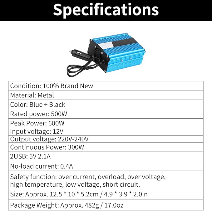 Keenso Power Inverter 500W DC 12V to AC 220V-240V Peak 600W Car Converter Dual USB Charger Adapter Vehicle Inverter Popular