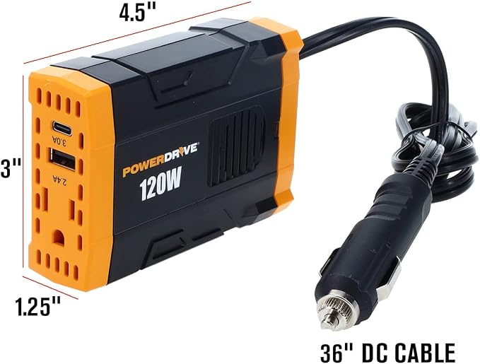 PowerDrive PWD120 120 Watt Power Inverter Slim 12v DC to 110v AC with Outlet and 2 USB Ports
