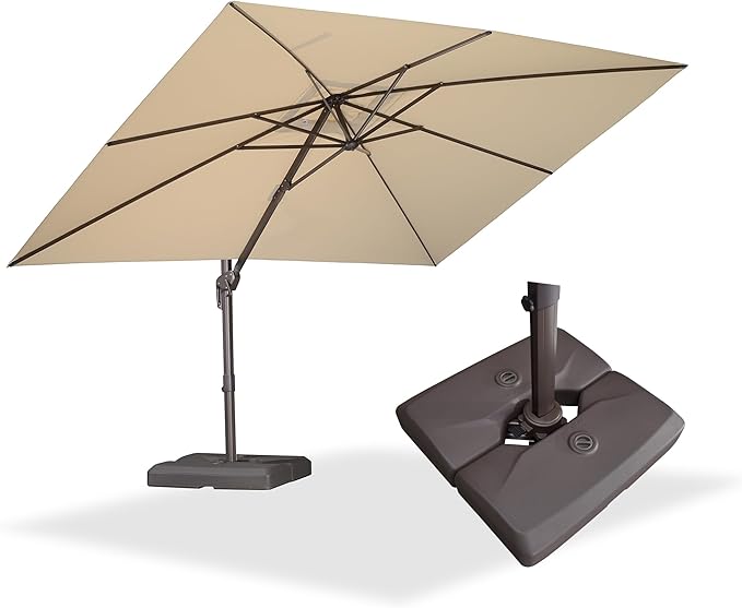 PURPLE LEAF 9' X 11.5' Rectangle Cantilever Umbrella with Base Patio Umbrella Outdoor Aluminum Antique Bronze Offset Hanging Umbrella with 360-degree Rotation for Pool Garden Backyard Deck, Beige