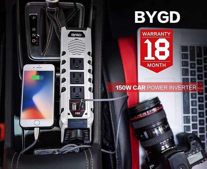 150W Car Power Inverter, DC 12V to 110V AC Car Plug Adapter Outlet Converter with 1 Cigarette Lighter Socket, 3 AC Outlets, Dual 4.8A Fast Charging USB Ports for Digital Devices
