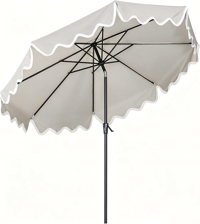 Tempera 9FT Scalloped Tassel Patio Umbrella, Outdoor Market Umbrellas with 8 Sturdy Ribs with Crank & Pust Button Tilt,Fade Resistant Canopy