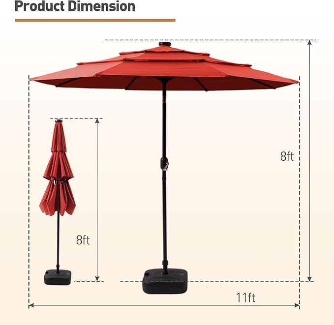 11FT 3 Tiers Patio Umbrella for Outside, Outdoor Umbrella with Solar LED Lights, Market Patio Table Umbrella with 8 Sturdy Ribs, Pool Umbrella for Garden, Pool, Backyard, Burgundy