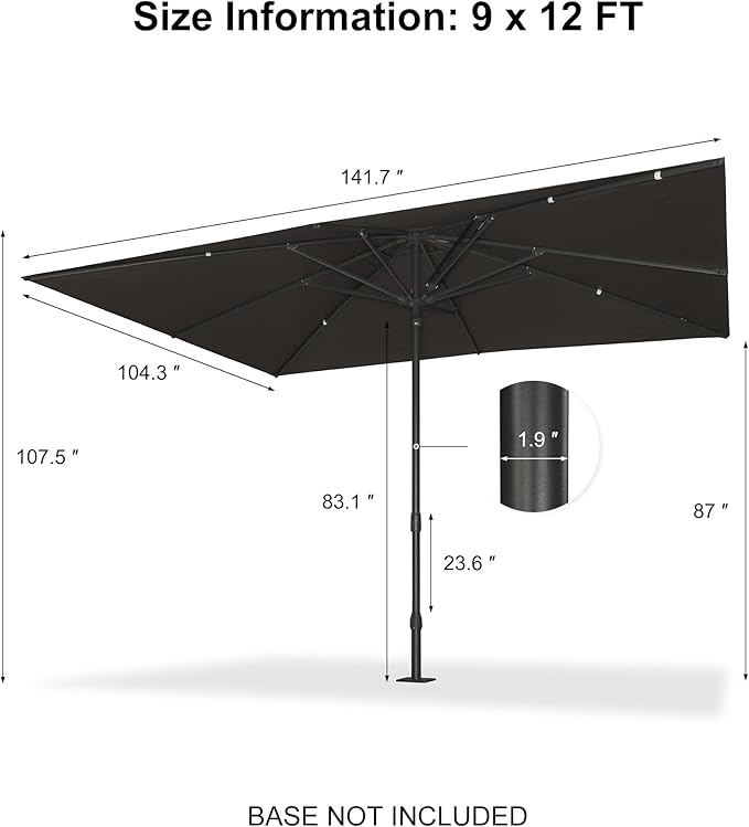 PURPLE LEAF 12' x 9' Rectangular Semi-Auto Outdoor Patio Umbrella Aluminium Market Umbrella Table Sun Umbrella with 1.89" Rod and 8 Sturdy Ribs for Deck Lawn Pool Garden, Gray