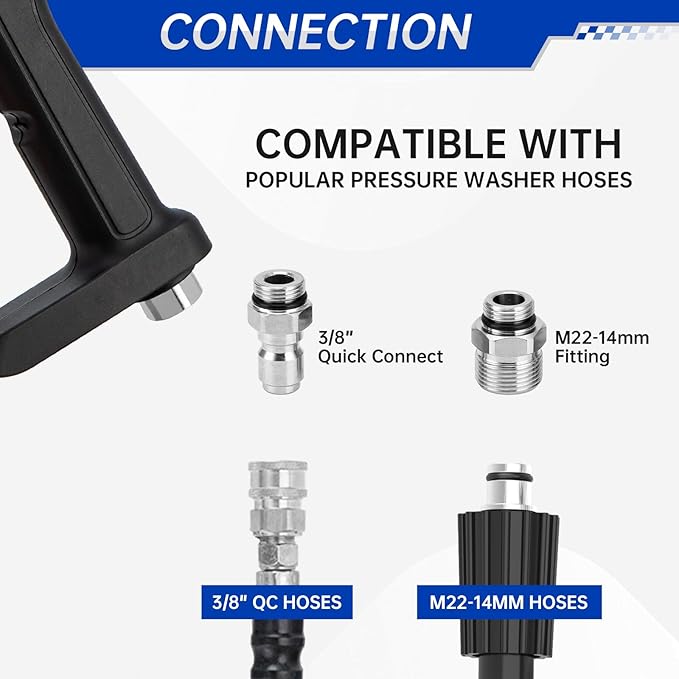 AURORA CAR 4350 PSI Short Pressure Washer Gun, 1/4” Quick Connector High Pressure Washer Gun with 3/8" Male Plug and M22-14 Fitting, Power Washer Gun Compatible with Foam Cannon, Car Wash Foam Gun