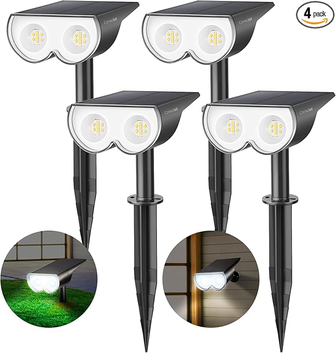 Solar Lights Outdoor Waterproof, Consciot 16 LEDs IP67 Spot Lights Outdoor, Auto On/Off Solar Landscape Spotlights, 2-in-1 Adjustable Wall Lights for Garden Yard Pathway, Cool White 4 Pack