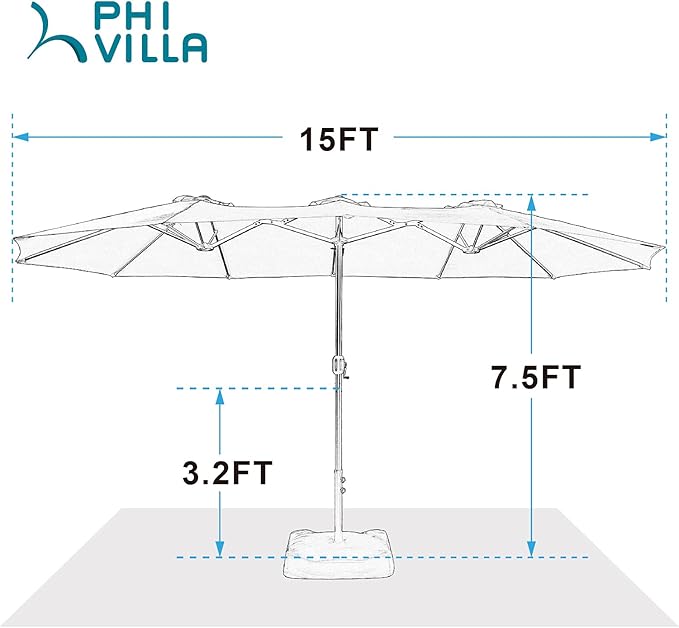 PHI VILLA 15ft Large Patio Umbrella Double-Sided Outdoor Market Pool Umbrellas with Crank, Umbrella Base (Stand) Included(Dark Red)