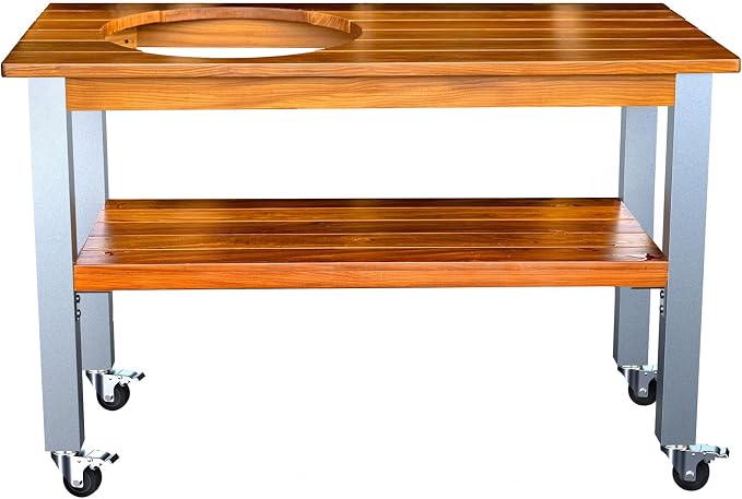 African Teak Grill Table for Large Big Green Egg, Outdoor Wood Table with Aluminum Legs and 3-Inch Locking Casters,Low Maintenance & Easy Assembly Tables for Garden | Natural