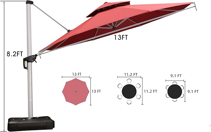 PURPLE LEAF 13 FT Cantilever Patio Umbrellas with Base Included, Large Round Offset Umbrella with 360° Rotation, Outdoor Aluminum Pool Umbrella for Pool Lawn Garden, Terra