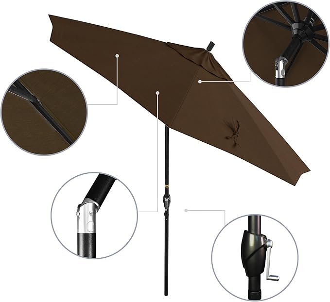 California Umbrella 9' Round Aluminum Market Umbrella, Crank Lift, Push Button Tilt, Black Pole, Teak Olefin