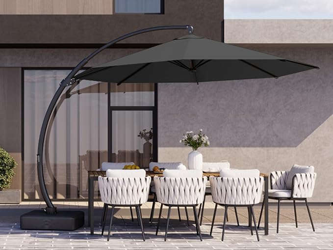 Kingdura 12ft Offset Cantilever Patio Umbrella with Base Included, Large Round Aluminum Outdoor Umbrella, 360° Rotation & Infinite Tilt, Heavy Duty Frame for Deck Pool Backyard, Grey
