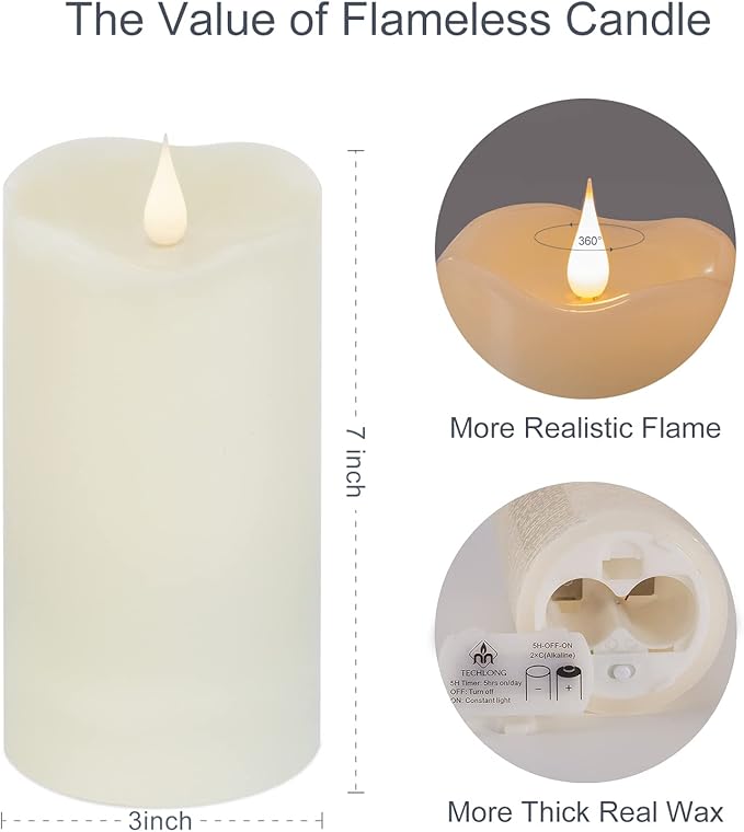 TECHLONG Flameless Candles with Remote Timer, 3D Moving Flickering Flame Battery Operated Candles Lasting 1000+ Hours, 3" x 7" Ivory Real Wax Electric LED Pillar Candles, Set of 2